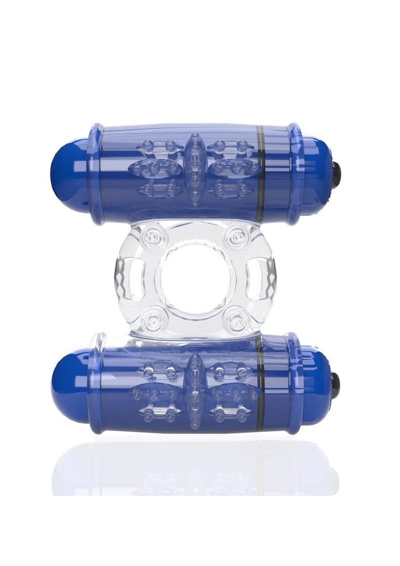 4b Double Wammy Silicone Rechargeable Dual Vibrating Couples Cock Ring - Blue/Blueberry