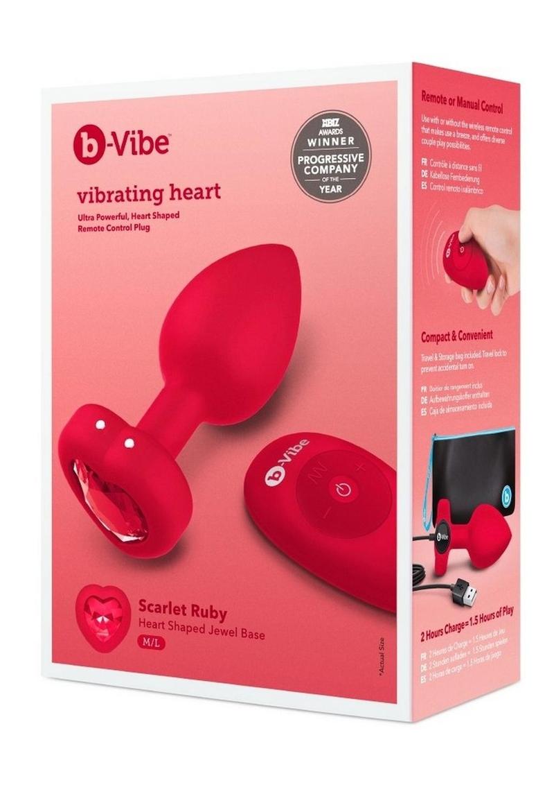 B-Vibe Vibrating Heart Shape Jewel Rechargeable Silicone Anal Plug with Remote - Red - Large/Medium