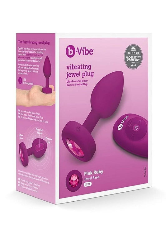 B-Vibe Vibrating Jewel Plug Rechargeable Silicone Anal Plug with Remote - Fuchsia - Medium/Small