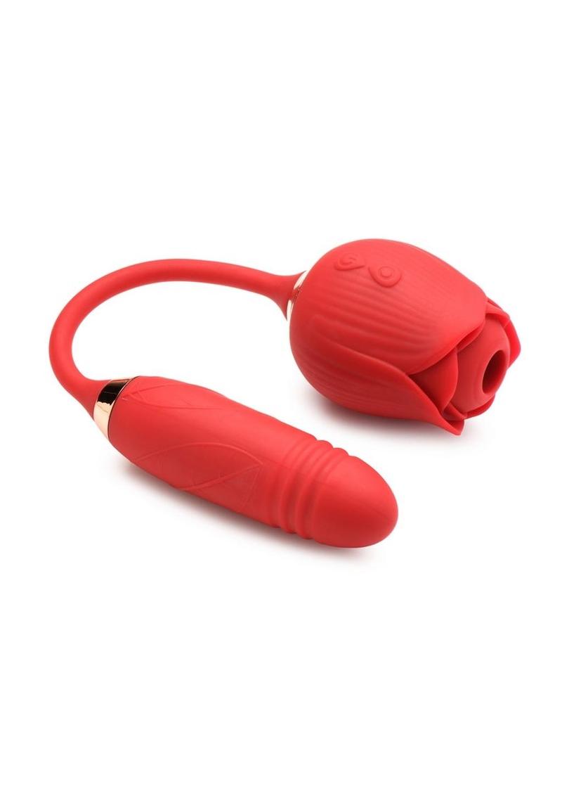 Bloomgasm Romping Rose 10x Rechargeable Silicone Suction Rose and Thrusting Vibrator - Red