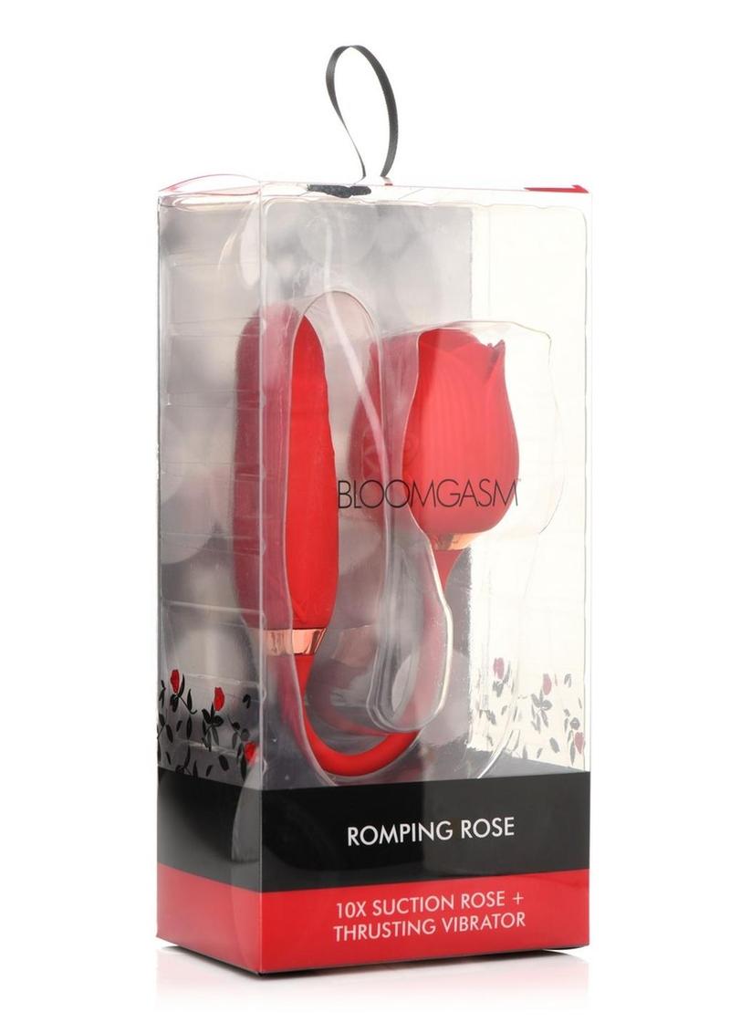 Bloomgasm Romping Rose 10x Rechargeable Silicone Suction Rose and Thrusting Vibrator - Red