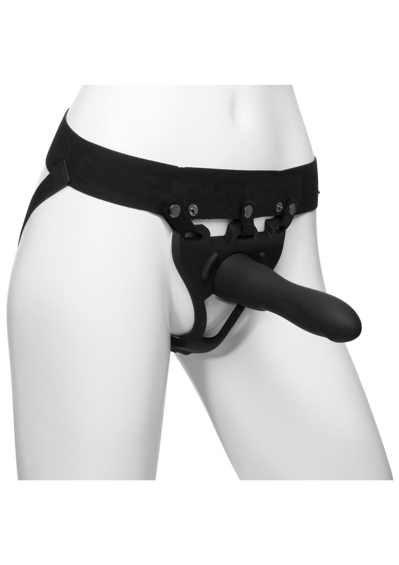 Body Extensions Be Strong Silicone Strap-On Harness with Hollow Slim Dildo - Black - 7.5in - 2 Piece Kit