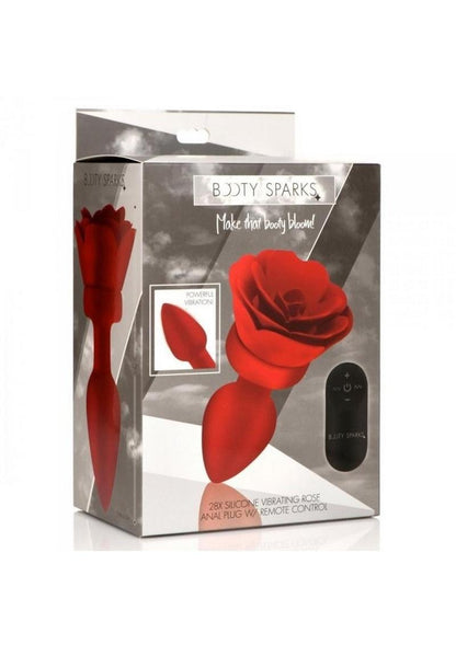 Booty Sparks 28x Rechargeable Silicone Vibrating Rose Anal Plug with Remote Control - Red - Medium