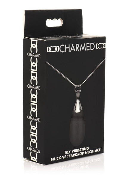 Charmed 10x Vibrating Silicone Teardrop Necklace Rechargeable Stimulator - Black/Silver