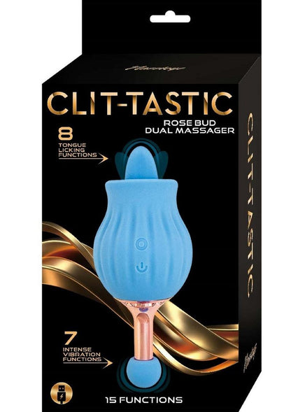 Clit-Tastic Rose Bud Dual Massager Rechargeable Silicone with Clitoral Stimulator - Blue