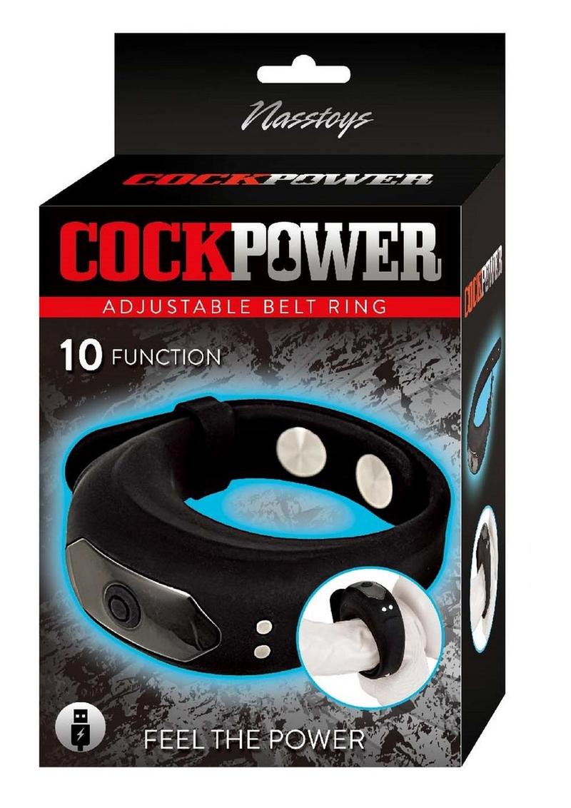 Cockpower Adjustable Belt Rechargeable Silicone Cock Ring - Black