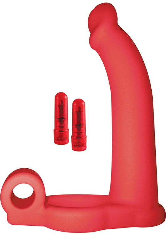 Double Penetrator Studmaker Silicone Vibrating Cock Ring - Red