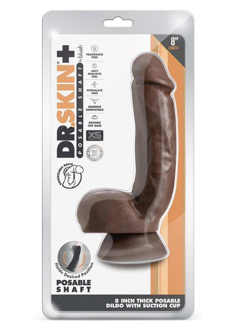 Dr. Skin Plus Thick Posable Dildo with Squeezable Balls - Chocolate - 8in