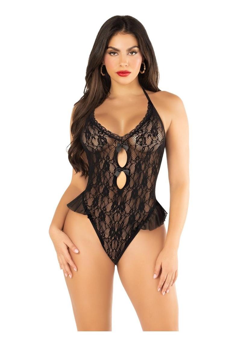 Floral Lace Halter Bodysuit with Mini Bow and Flutter Accent - Black - One Size