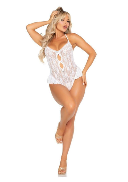 Floral Lace Halter Bodysuit with Mini Bow and Flutter Accent