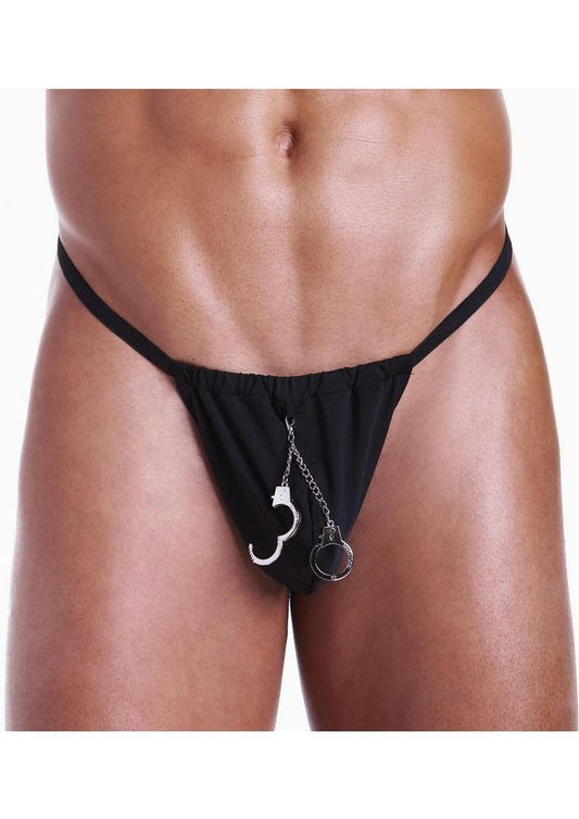 Fundies Hundcuff G-String with Toy Handcuffs - Black - One Size