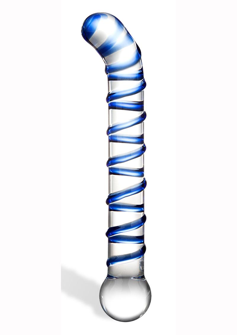 Glas Mr. Swirly G-Spot Glass Textured Dildo - Blue/Clear - 6.5in