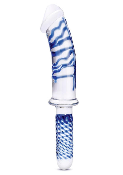 Glas Realistic Double Ended Glass Dildo with Handle - Blue/Clear - 11in