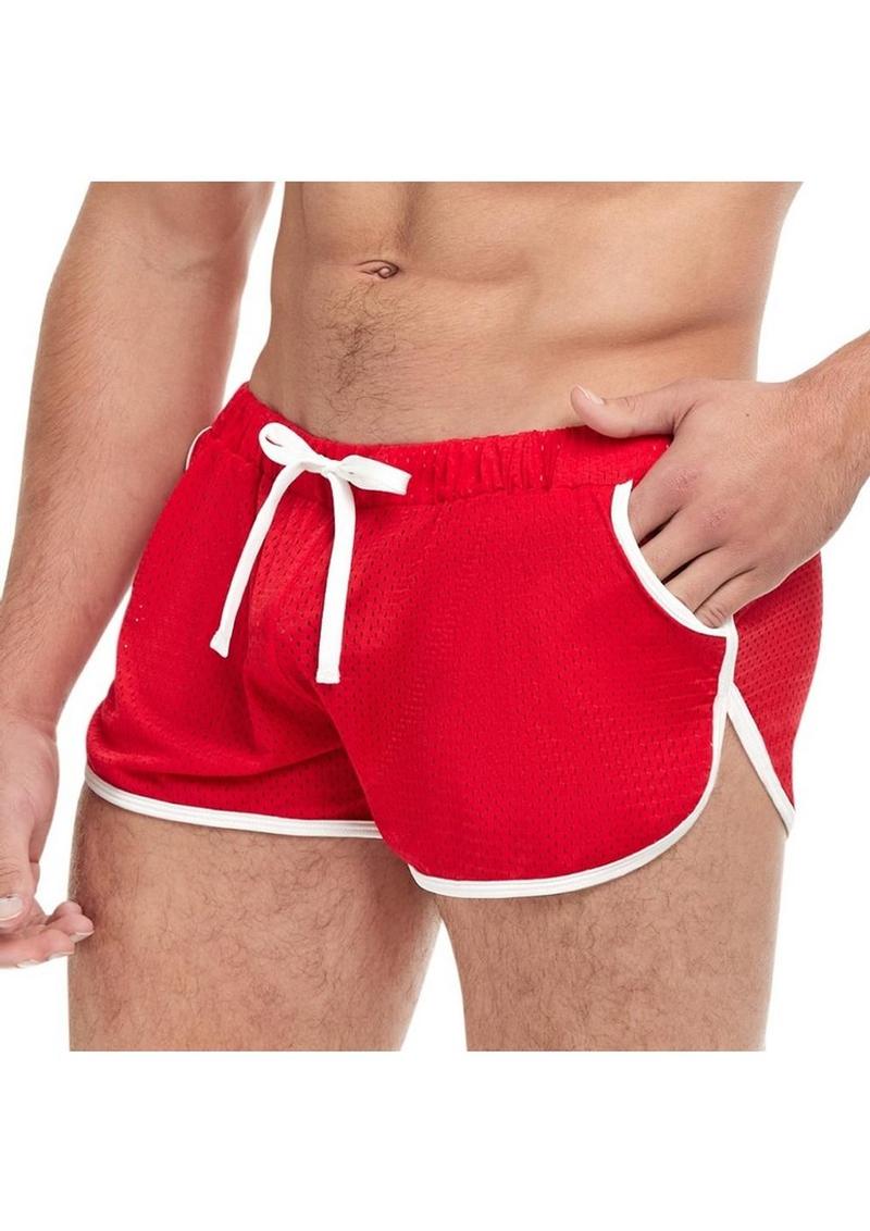 Goal Line Side Split Mesh Booty Shorts - Red - Large/XLarge