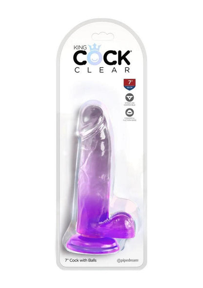 King Cock Clear Dildo with Balls - Clear/Purple - 7in