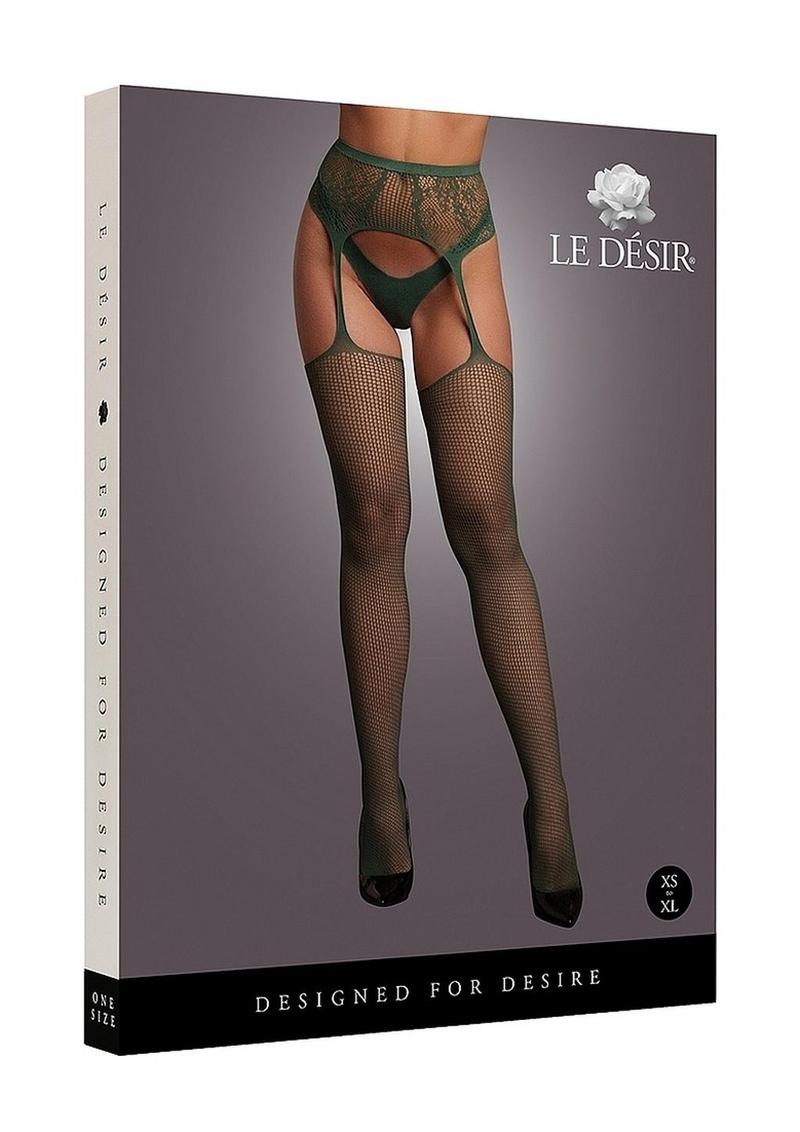 Le Desir Fishnet and Lace Garterbelt Stocking - Green - One Size