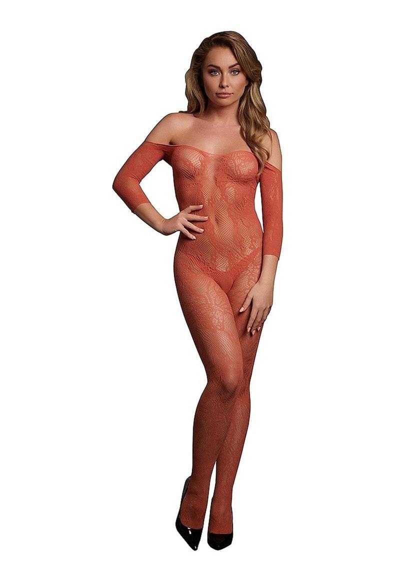 Le Desir Lace Long Sleeved Bodystocking - One Size - Sunset Glow - Orange - One Size