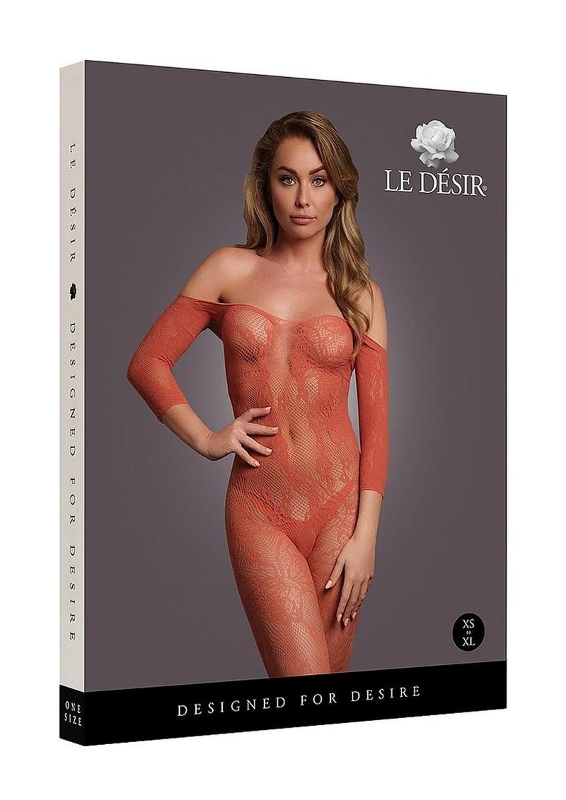 Le Desir Lace Long Sleeved Bodystocking - One Size - Sunset Glow - Orange - One Size