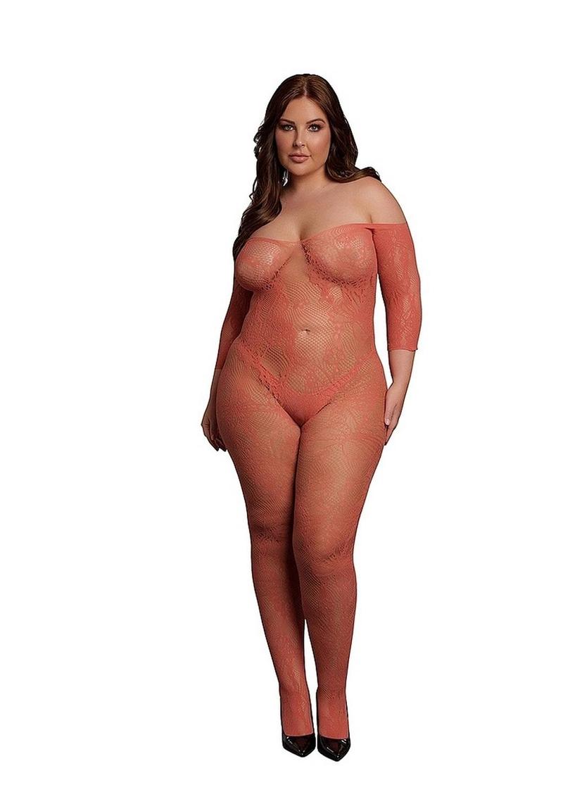 Le Desir Lace Long Sleeved Bodystocking - Queen - Sunset Glow - Orange - Queen