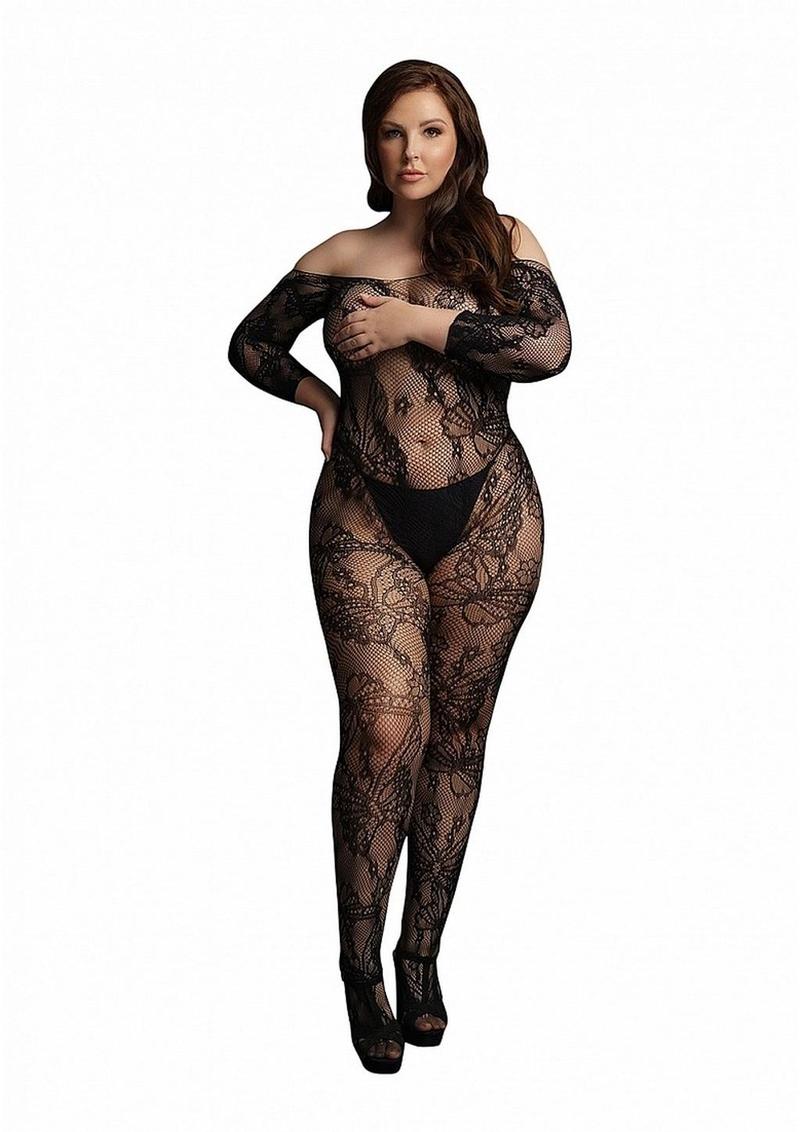 Le Desir Lace Sleeved Bodystocking - Black - Queen