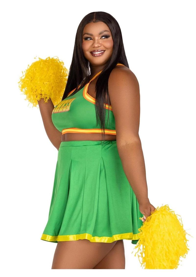 Leg Avenue Bring It Baddie Set Top with Cheer Logo, Pleated Skirt and Pom Pom (3 Piece) - 1x/2x - Green