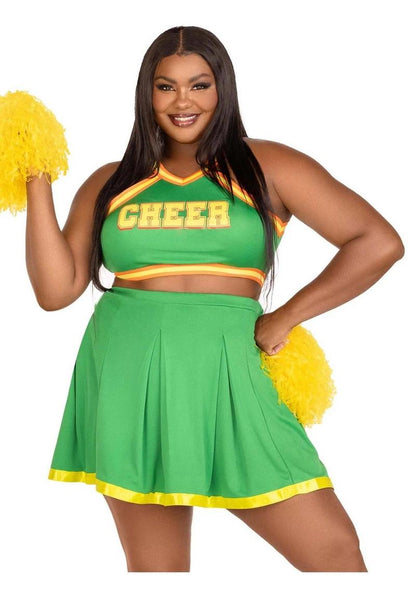 Leg Avenue Bring It Baddie Set Top with Cheer Logo, Pleated Skirt and Pom Pom - Green - 3XLarge/4XLarge - 3 Piece