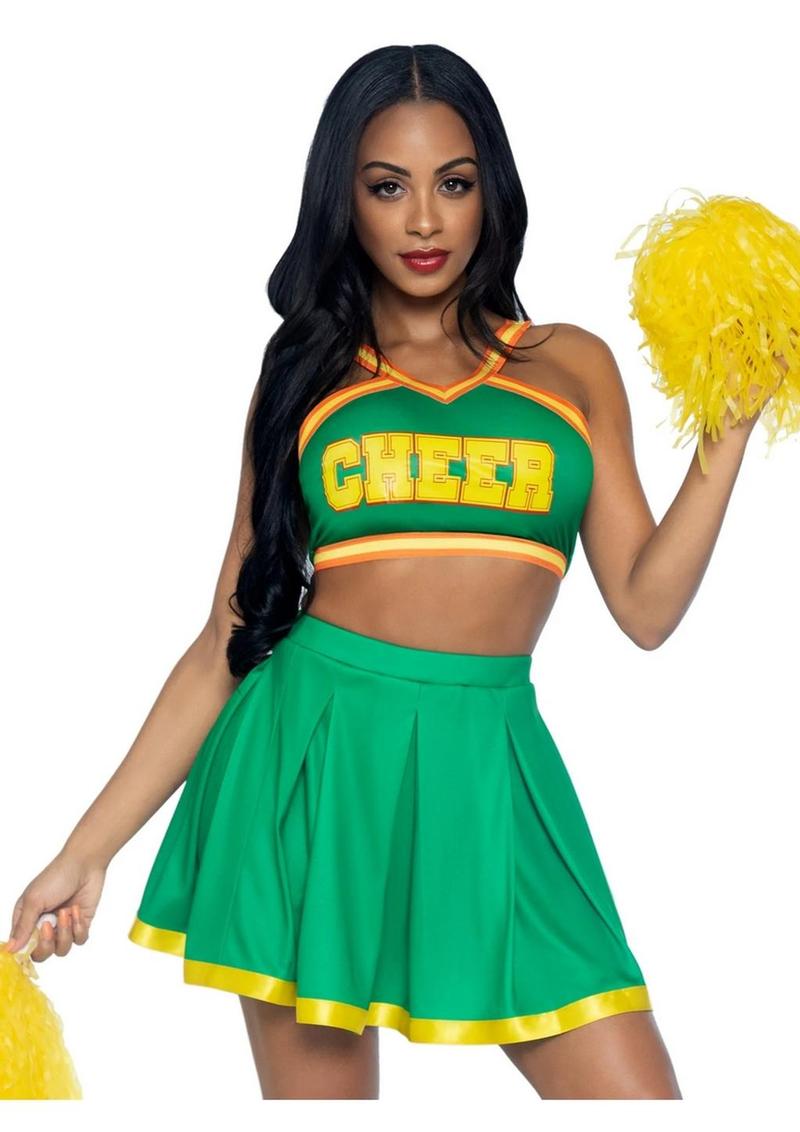 Leg Avenue Bring It Baddie Set Top with Cheer Logo, Pleated Skirt and Pom Pom - Green - Large/Medium - 3 Piece