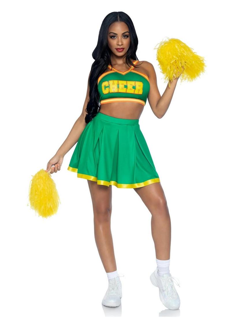 Leg Avenue Bring It Baddie Set Top with Cheer Logo, Pleated Skirt and Pom Pom