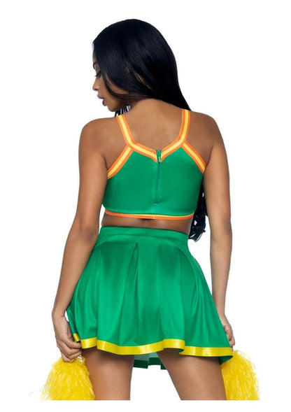 Leg Avenue Bring It Baddie Set Top with Cheer Logo, Pleated Skirt and Pom Pom - Green - XSmall - 3 Piece