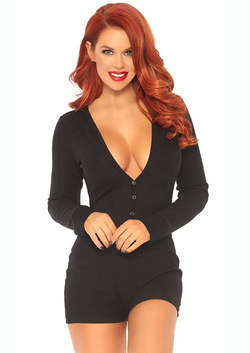 Leg Avenue Brushed Rib Romper Long Johns with Cheeky Snap Closure Back Flap - Black - Large/XLarge