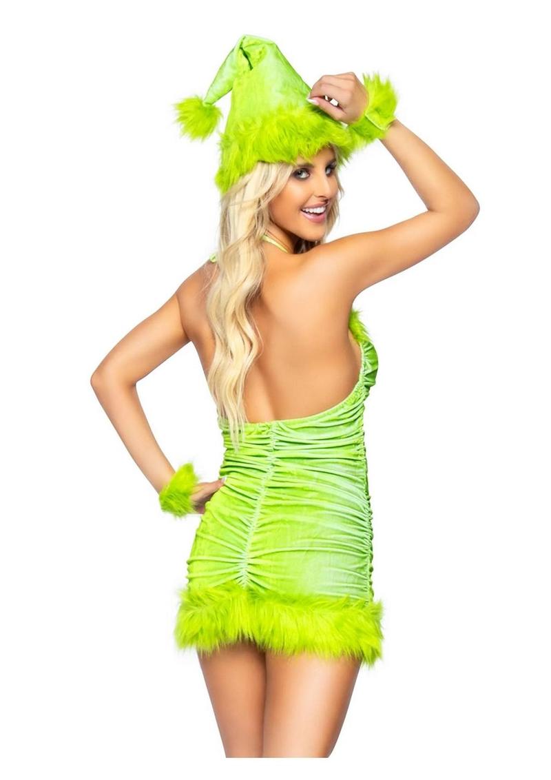 Leg Avenue Christmas Baddie Set Ruched Velvet Dress with Tie Back Halter Straps and Fur Trim, Wrist Cuffs, and Hat - Green - XSmall - 3 Piece