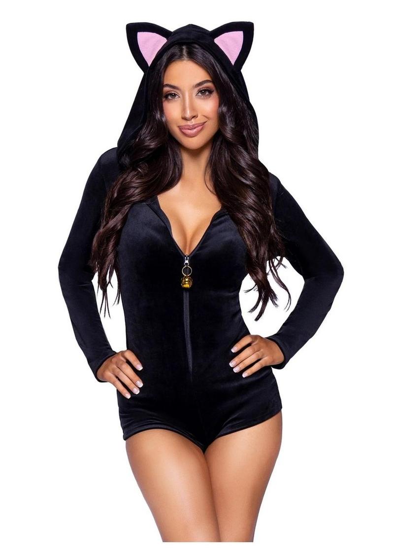 Leg Avenue Comfy Cat Ultra-Soft Velvet Plush Zip Up Romper with Bell Zipper Pull, Ear Hood, and Kitty Tail - Black - Medium