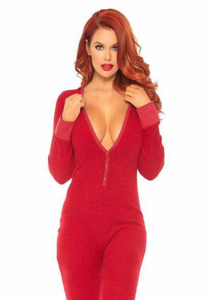 Leg Avenue Cozy Brushed Rib Long Johns with Cheeky Snap Closure Back Flap - Red - Large/Medium