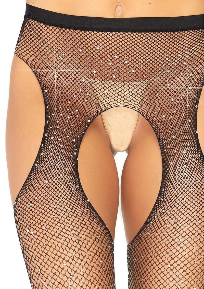 Leg Avenue Crystalized Fishnet Suspender Pantyhose - Black - One Size