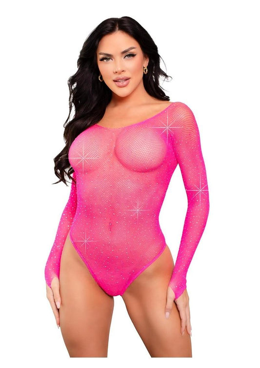 Leg Avenue Crystalized Long Sleeve Fishnet Thong Back Bodysuit with Snap Crotch - Neon Pink - One Size