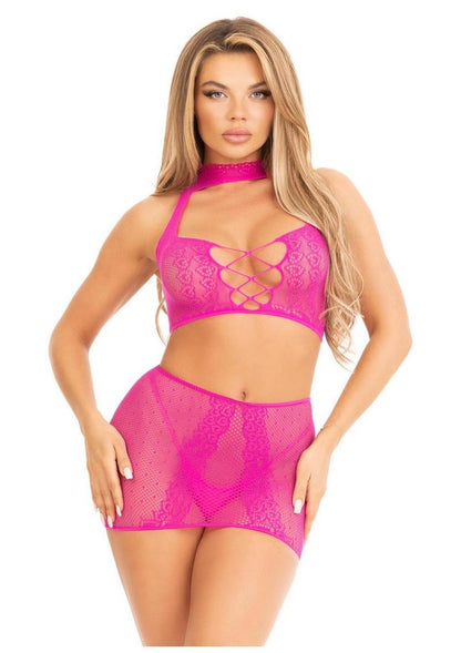 Leg Avenue Dotted Net and Lace Halter Crop Top with Faux Lace Up Front and Mini Skirt - Magenta/Pink - One Size - 2 Piece