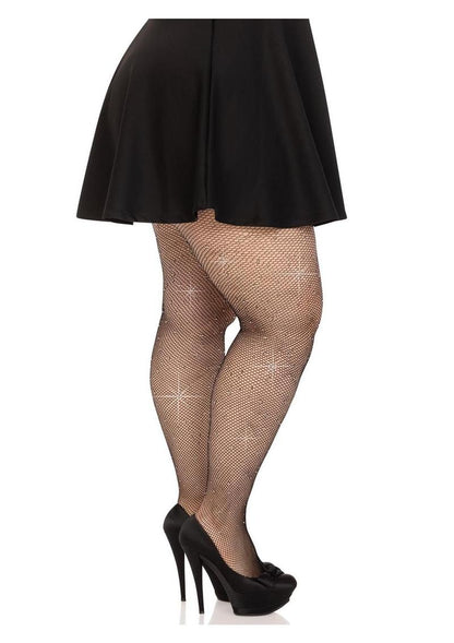 Leg Avenue Fishnet Crystalized Tights with Multi Sized Iridescent Rhinestones - Black - Plus Size