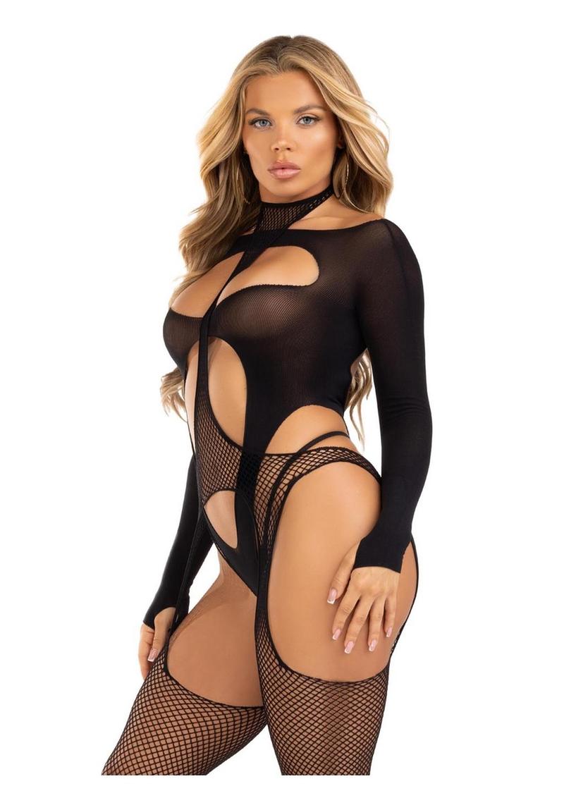 Leg Avenue Fishnet Halter Suspender Bodystocking and Layered Opaque Cut-Out Teddy - Black - One Size - 2 Piece