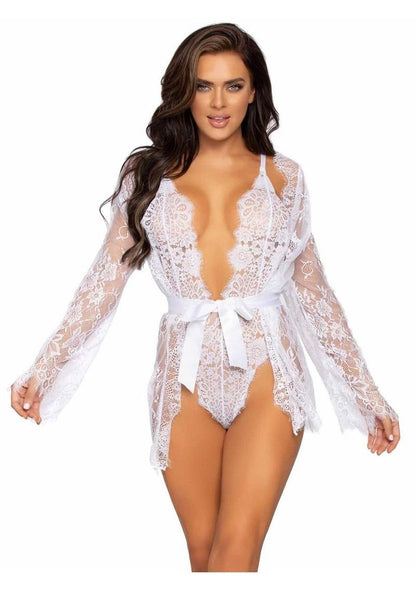 Leg Avenue Floral Lace Teddy with Adjustable Straps and Cheeky Thong Back Matching Lace Robe with Scalloped Trim and Satin Tie - White - Small