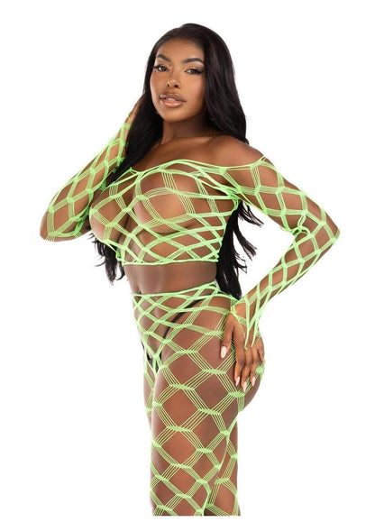 Leg Avenue Hardcore Net Crop Top and Footless Tights - Neon Green - One Size - 2 Piece