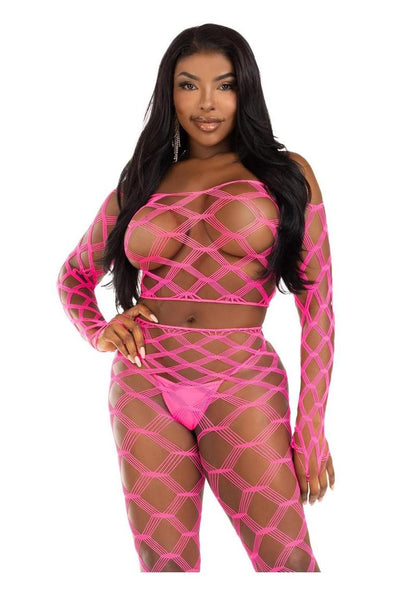 Leg Avenue Hardcore Net Crop Top and Footless Tights - Neon Pink - One Size - 2 Piece