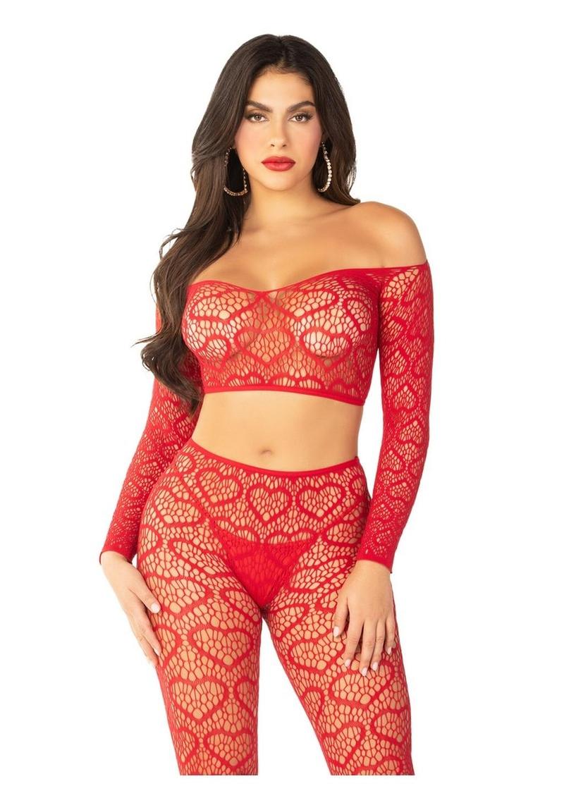 Leg Avenue Heart Net Off The Shoulder Crop Top and Footless Tights - Red - One Size - 2 Piece