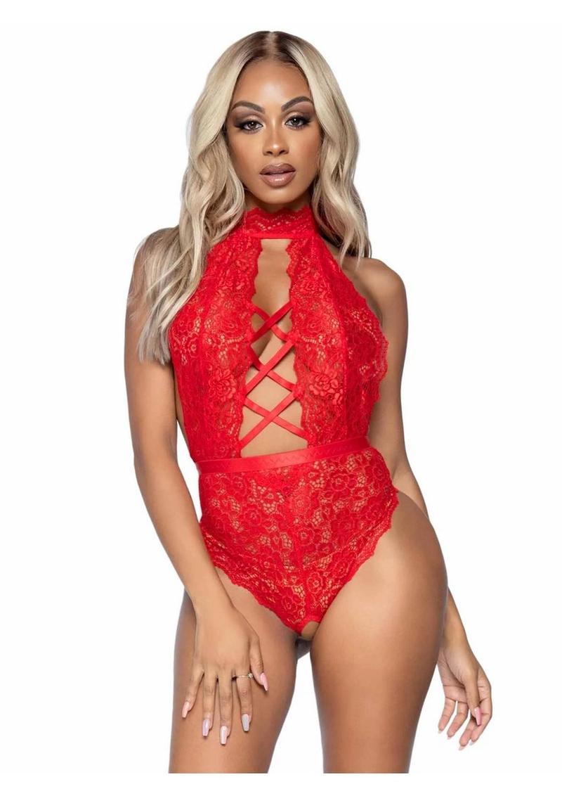 Leg Avenue High Neck Floral Lace Backless Teddy with Lace Up Accents and Crotchless Thong Panty - Red - Small