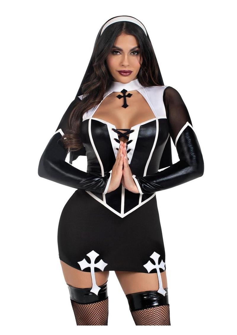 Leg Avenue Holy Hottie Set Boned Garter Dress with Cross Accents and Nun Habit - Black/White - Large - 2 Piece