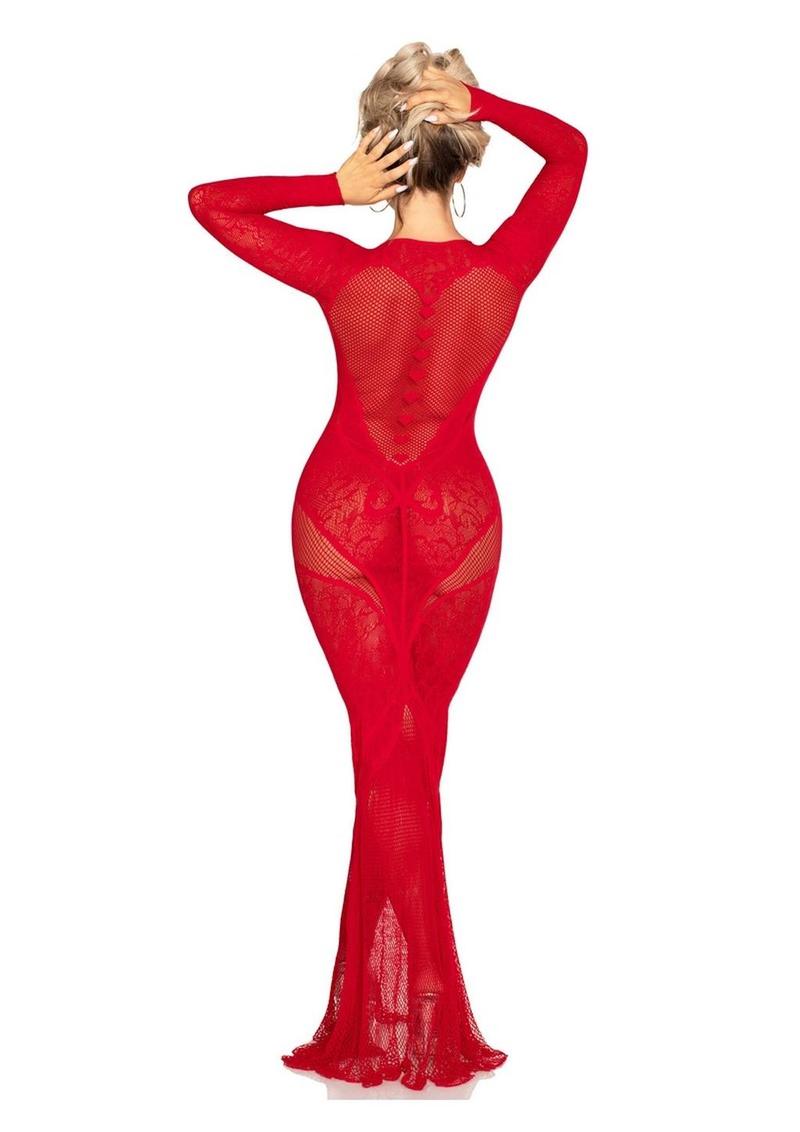 Leg Avenue Lace and Net Body Con Gown with Heart Keyhole Detail - Red - One Size