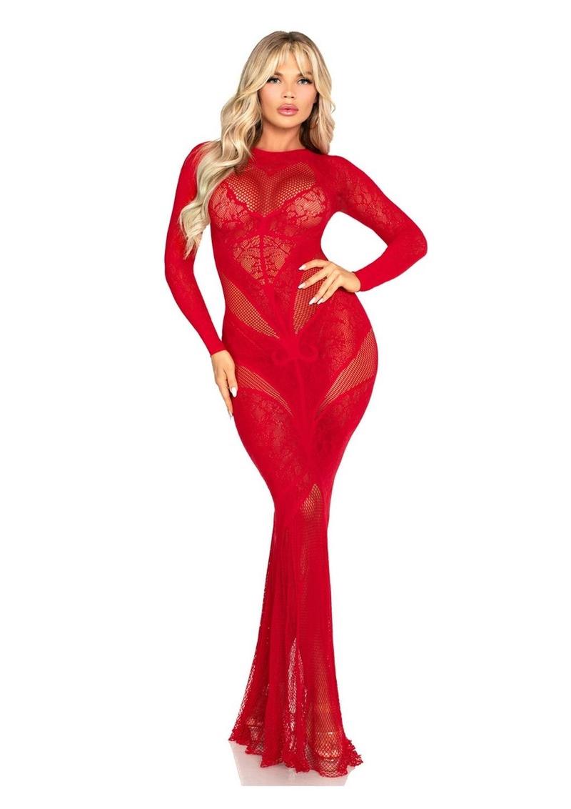 Leg Avenue Lace and Net Body Con Gown with Heart Keyhole Detail - Red - One Size