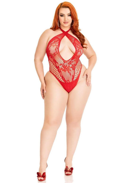 Leg Avenue Lace and Net Keyhole Crossover Halter Teddy - 1x/2x