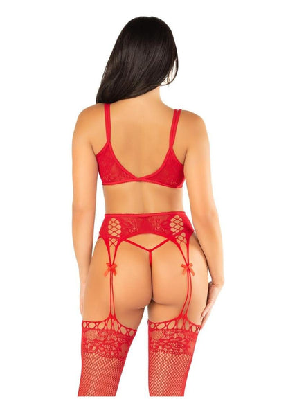 Leg Avenue Lace Bra Top with Dual Strap Detail, G-String Panty and Lace Top Garter Belt Stockings - Red - One Size - 3 Piece