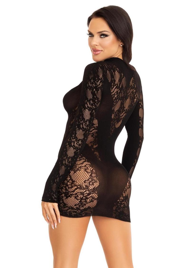 Leg Avenue Lace Keyhole Mini Dress with Opaque Panel Detailing and Gloved Sleeves - Black - One Size