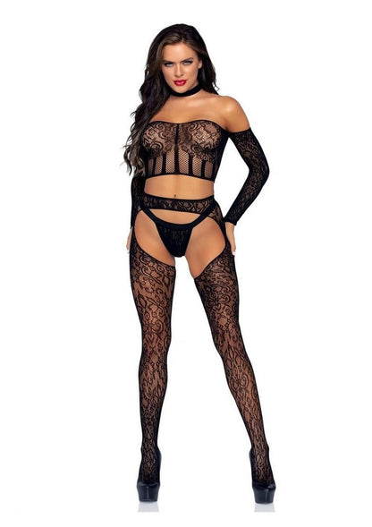 Leg Avenue Lace Long Sleeve Halter Choker Crop Top, Lace Suspender Hose, and G-String